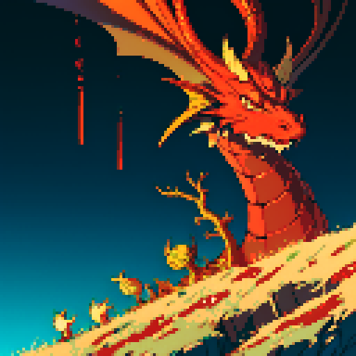 fire dragon with shimmering red scales, hoard of gold coins glimmering in the background, dragon leisurely lounging on top of a massive pile of gold coins, dragon's majestic form taking up the full canvas with intricate pixel art details in a vibrant sRGB color palette