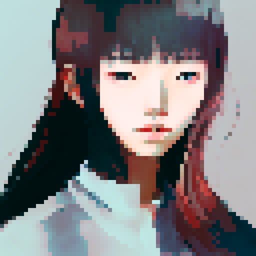 Korean woman's almond-shaped eyes and sharp cheekbones framed by bold white outlines, dramatic shadows highlighting her flawless skin, in a close-up landscape portrait against a stark black background in a 1-bit color scheme