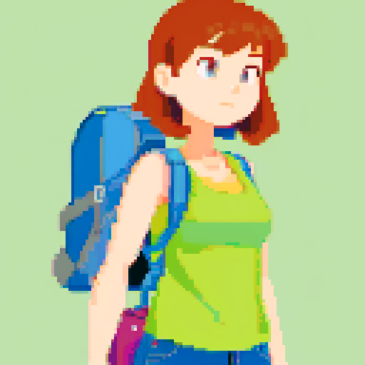 Female character wearing tank top, unbuttoned short sleeve shirt, jean shorts, hiking boots, and backpack 