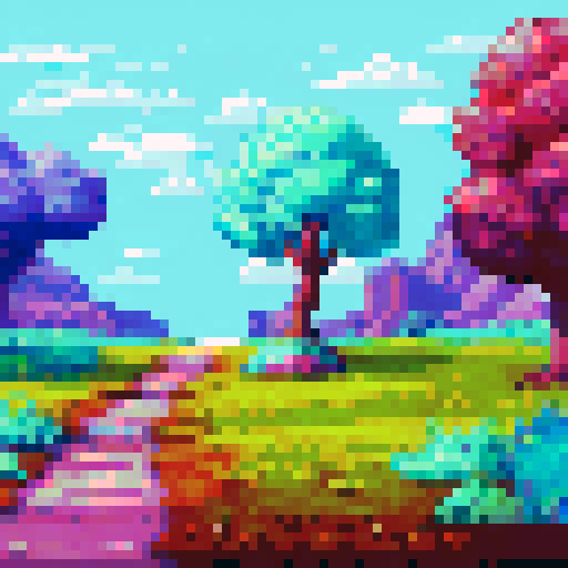 Tiny tree with vibrant green leaves, set against a pastel blue background reminiscent of a clear sky, nestled in a pixelated landscape of rolling hills and fields