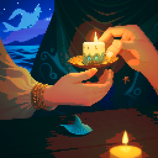 A close-up of a woman's hands over a table during a tarot card reading in a medieval dark style. The table is adorned with elements of the ocean such as sea shells, sand, and small pieces of coral. The atmosphere is mystical and dimly lit, with candlelight casting shadows that enhance the eerie and magical mood. The woman's hands are gracefully poised over the cards, which also have oceanic designs like waves and mermaids.