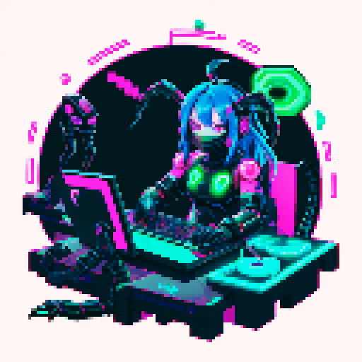 cute cyberpunk scorpion with human head, human head is from anime inspired character with vibrant hair, expressive eyes, a playful smile, and a mouth mask, scorpion is playing computer games, tables with potato chips and coca cola, scorpion's tail should be fully in the picture, bright yellow and cyan and pink lights