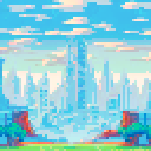 Mars Building, red planet, futuristic architecture, towering skyscrapers, bustling city, pixelated landscape, ARNE32 palette, bustling metropolis, pixel art details, otherworldly structures, single building