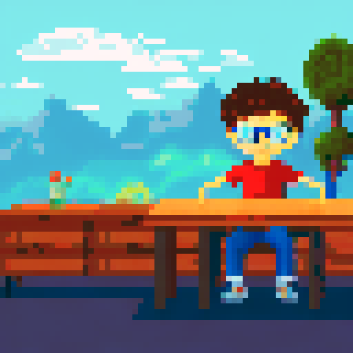 Curly-haired teenboy, glasses on nose, sits on a front-facing table surrounded by a bookshelf landscape , passionately explaining something to me