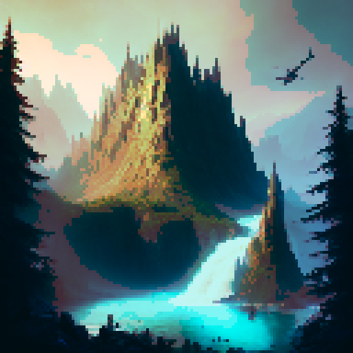 Large Fantasy castle looming over misty mountains, surrounded by lush forests and cascading waterfalls, with a moat filled with shimmering blue water and a grand entrance adorned with golden gates