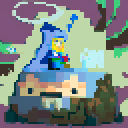 Create a pixel art character of a whimsical wizard, inspired by a cartoon style similar to the provided image. The wizard should wear a blue robe covered with yellow stars and a matching pointy hat. He should have a playful grin