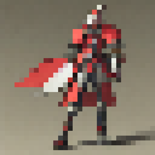 a knight, in red armor, side view, walking