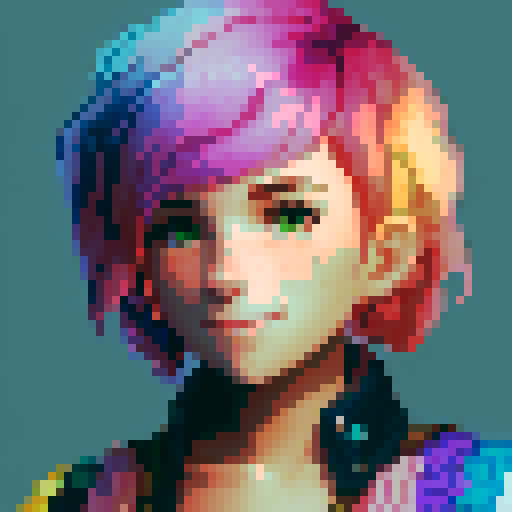 stardew valley-inspired, woman, pixel art, sRGB, vibrant colors, rustic backdrop, braided hair, glowing skin, gentle smile, freckles, rosy cheeks