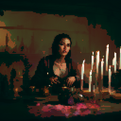 Close-up of a young beautiful woman making magic with candles.