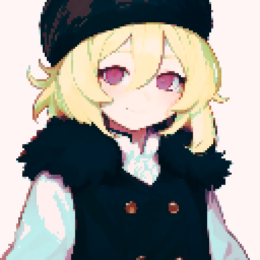 Solo male with perfect anatomy, straight-on, inframe, facing viewer, with round pupils, light blonde hair between eyes, wearing an ushanka hat with a black fur collar, a black vest, puffy sleeves, and black elbow gloves, his round eyes and pink eyes looking at the viewer, smile, giving off a sadistic vibe, in a pixel art style with sRGB colors, half closed eyes, by pekeko (pepekekeko)