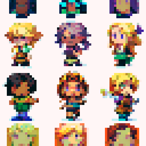 2D character, blond hair, vest, sword in hand, sprite sheet, walking, running, fighting animations, purple shirt, exposed chest, black hair, brown boots, pixel art style, sRGB colors
