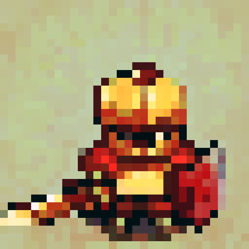 Horned Knight's fierce eyes pierce through the pixelated screen, adorned with a gleaming helmet, glowing red aura, and a fierce expression