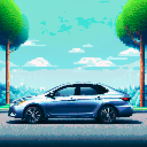Photorealistic whole Nissan Sylphy, three-quarter view, right front wheel, clean background, sRGB colors, pixel art style