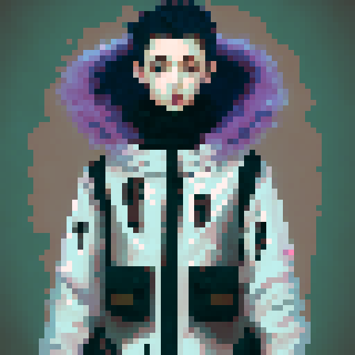 Create a pixel art character illustration featuring an ice-themed young male character. The design should include the following details:
Appearance:
Gender: Male
Age: Young adult
Hair: Near-black deep blue, styled in a way that suggests a cold or icy theme, perhaps with a few strands of hair falling over his forehead.
Eyes: Icy blue, half-closed, giving a calm and introspective expression.
Clothing:
Outfit: Pure black, elegant yet slightly worn and tattered to reflect a long journey. Consider el