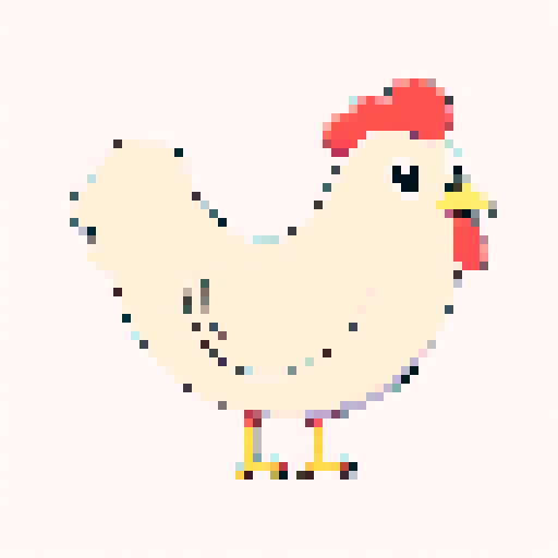 sideview of a sad chicken with pixel art style, small beady eyes, drooping wings, vibrant yellow feathers, and an expression of sorrow