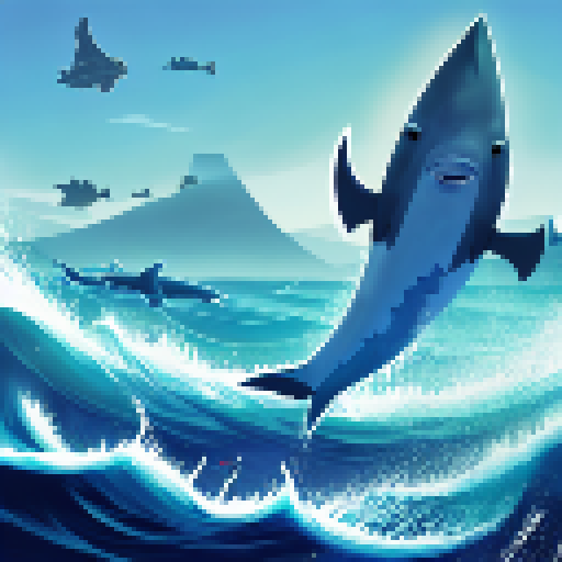 Island queen wields fiery sword, battling sea monsters as the sun beats down on her, surrounded by a school of bloodthirsty sharks.