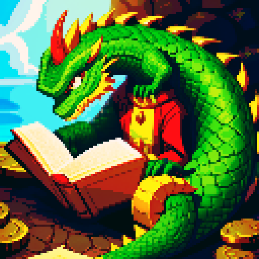 reading dragon surrounded by treasure