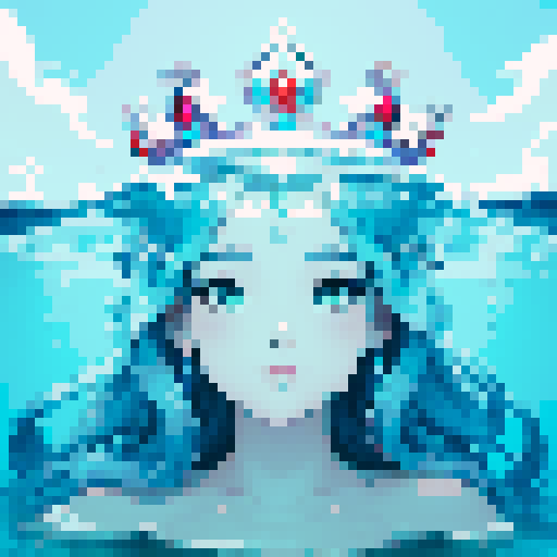 Close-up image of a mermaid with a crown, partially submerged underwater. Half of her face is above the water's surface, revealing her beautiful features. The crown should have an ethereal, shimmering quality, adding to her majestic presence.