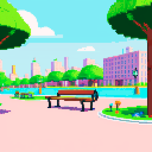pixel city park background, with benches, repeatable