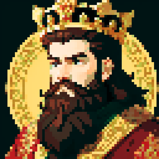 king, regal, crown, majestic, stoic expression, sharp features, detailed beard, gold accents, royal robe, intricate embroidery, game icon, 32x32 pixel art, sRGB, skill art, close up, portrait