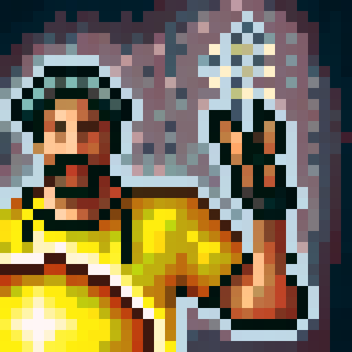 Cooking chef with a bushy moustache, wearing a chef hat and apron, holding a frying pan, against a vibrant background, in 32x32 pixel art style, with skillful detailing and vibrant sRGB colors, capturing a close-up portrait for a video game 2D icon