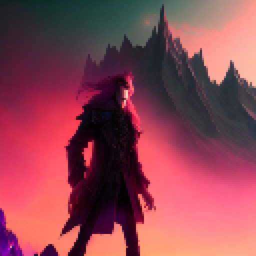 Pink mountain, purple sky, and a dark castle silhouette serve as the backdrop for a sleeping vampire, their body illuminated by neon hues in a fantastical RPG world.