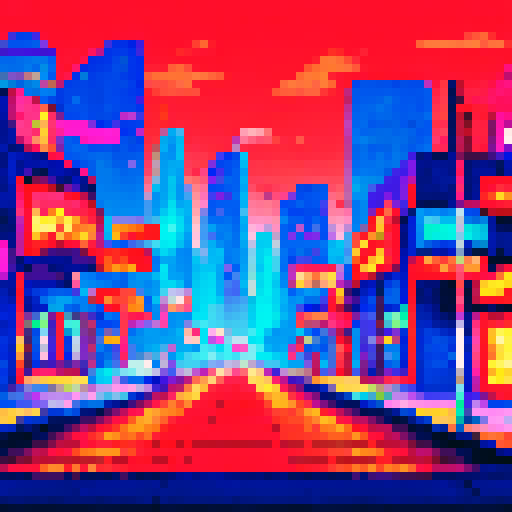 Neon-lit casino street, bustling with pixelated characters, vibrant sRGB colors illuminating the background landscape