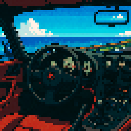 Dodge Viper GT interior, road, Ocean outside driver's window, 80s anime style, sRGB, pixel art