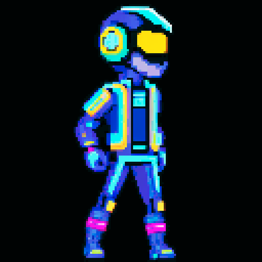 cyberpunk space trader sprite, pixel art, futuristic design, cybernetic arm with intricate detailing, glowing yellow-orange visor over the eyes, trench coat with glowing lines, blue and teal color palette with neon pink and yellow accents, distinct sci-fi aesthetic, confident posture, mid-step left first with arms extended