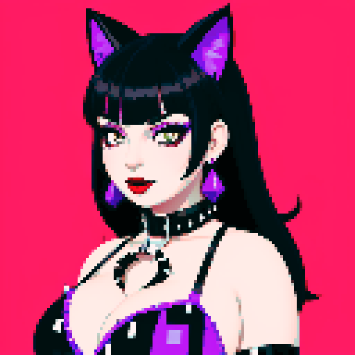 Cat girl, curvy, cute goth girl with black hair, purple eyeshadow, and red lipstick, wearing a bikini, studded collar, in a glamour shot, sRGB color