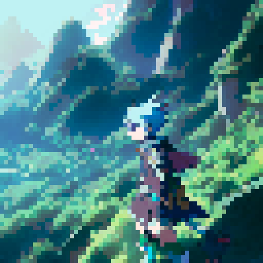 A fierce elf warrior with flowing white hair and piercing green eyes, wielding a sharpened silver sword, stands atop a rocky mountain peak overlooking a sprawling enchanted forest below, with a glowing crescent moon in the background