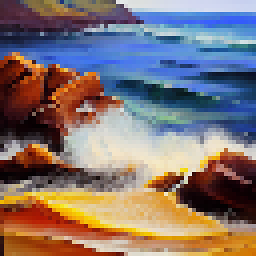 Sun-kissed ocean waves crash against rocky cliffs in a warm-hued landscape portrait, with a mysterious sun at the center of it all, painted in oil with shades of yellow and contrasting warm tones.