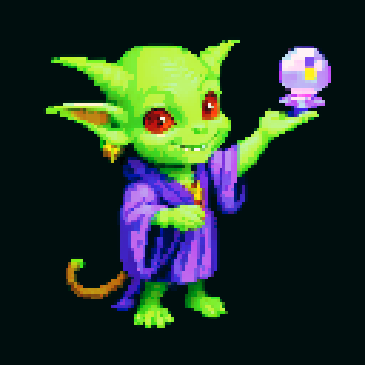 A prophetic goblin with a crystal ball, intricate robes, and a mystical aura. It has glowing eyes and a knowing smile, foretelling the future with its magical abilities. No background.
