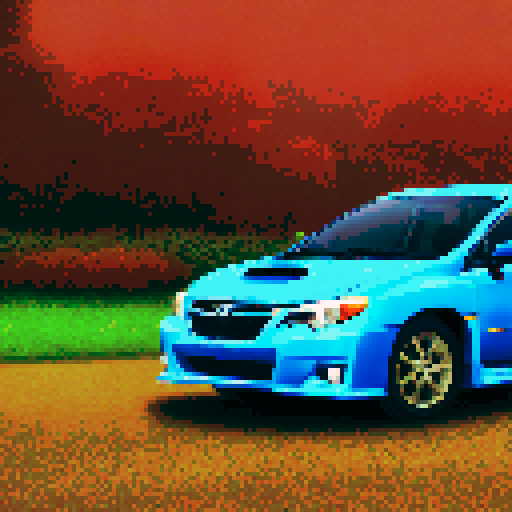 Photorealistic whole Subaru Imperza WRX, centered, three-quarter view, right front wheel, clean background, realistic colors, pixel art style
