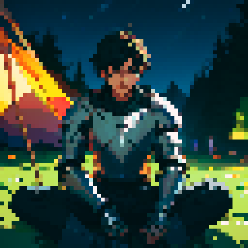 Male knight in full armor resting under a tree at night only lit by the nearby campfire 