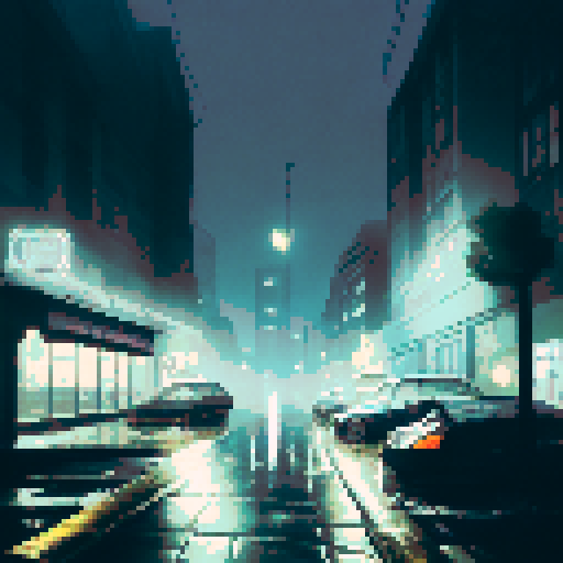 dark night, glowing gas pumps, flickering neon sign, empty parking lot, towering city skyline, distant headlights, reflections on wet pavement, abandoned car, misty streetlights, illuminated storefronts, lonely figure, rain-soaked windows, hazy atmosphere