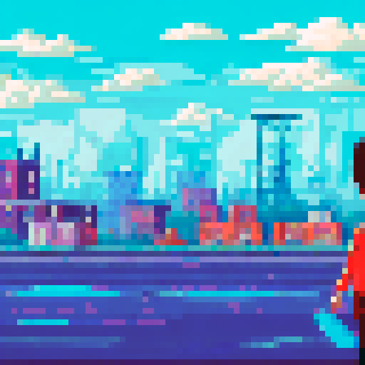 The optimistic future in the background to the right with bright colors and technology, with decaying factories in the foreground to the left with a person on the left side staring off at the future, with the bad of their head to the audience. 