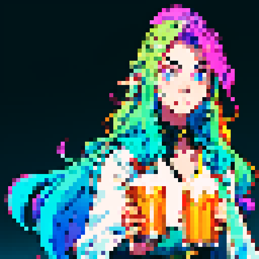 handsome, long-haired guy, vibrant colors, detailed pixel art, sRGB, beer