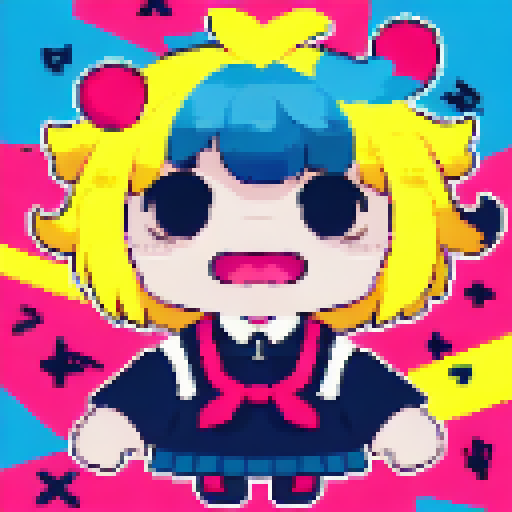 Cute schoolgirl with pink pigtails and a bright yellow backpack poses for a close-up character portrait in a charming anime style, complete with pixel art details.