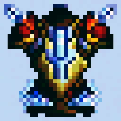 holy priest vestments, blue and white colors, crosses on armor