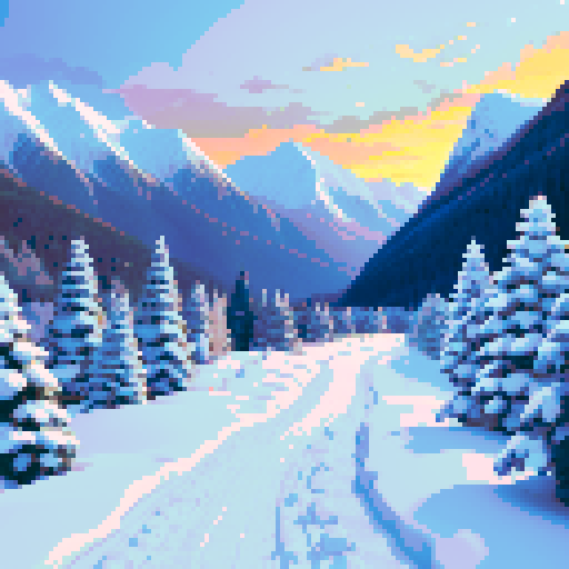 generate a large winter environment with snowcapped trees and mountains. there is a path leading to a small village with dim lights and smoke coming from the chimneys.