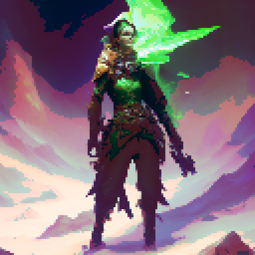 Christmas elf, green, grim, flying with jetpack, wielding a magical staff, surrounded by swirling emerald flames, in a fantastical RPG world