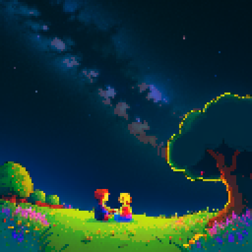 A serene, pixel-art cover image in Stardew Valley-inspired anime style. The main character sits on a grassy hill at night, silhouetted against a vast, star-filled sky. Beside him, the ghostly figure of his sister kneels, wrapping her arms around him in a comforting embrace. Both are gazing at a glowing, incomplete constellation of seven stars that dominates the sky, shimmering with mystical light. The hill is simple, dotted with faint wildflowers, while the stars and the cele