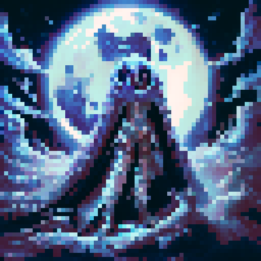 shows a vampire, cloaked in a deep midnight-blue robe, holding a delicate vineglass filled with blood. Their ghostly form seems to merge with the crimson light of a large, full blood moon in the background. The vampire's eyes glow with an intense, otherworldly emotion, and the scene is set against a sky swirling with faint clouds and starlight. The art blends sharp, minimalistic details with a dreamlike atmosphere, capturing the vampire's mysterious and ephemeral presence.