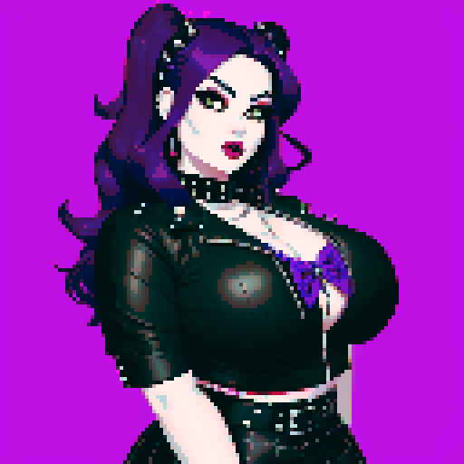 Plus size busty greaser goth girl, with long purple hair, eyeliner, red lipstick. wearing a skirt and studded collar. Posing for a portrait, avatar photo. vibrant sRGB colors, pixel art, edgy aesthetic