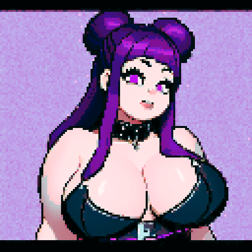 Nude portrait of thicc, curvy, and busty goth girl with studded collar, long purple hair in buns, fishnet stockings, pixel art style, sRGB color