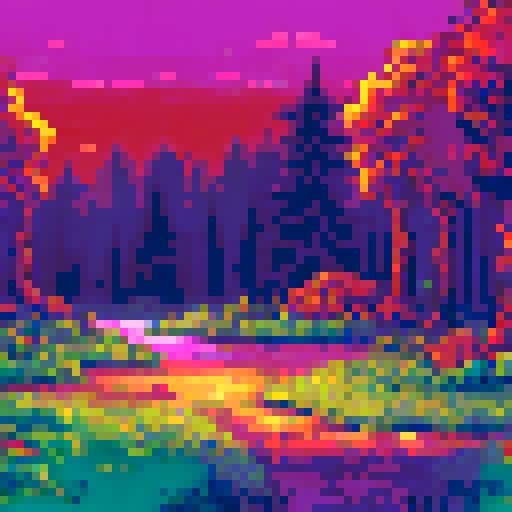 Autumn forest with hedgehogs on the ground, purple colored, pixel art, sRGB, background, landscape