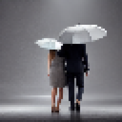 "Husband and wife, with umbrellas in hand, browse through a car lot filled with sleek, enchanted vehicles that gleam like dragon scales, searching for the perfect ride to match their armor and swords."