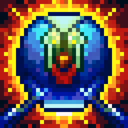 Space station AI portrait icon, vibrant colors, retro pixel art, detailed shading, futuristic design, glowing eyes, metallic texture, 32x32 resolution, sRGB palette, close-up view, skillfully crafted, intense expression