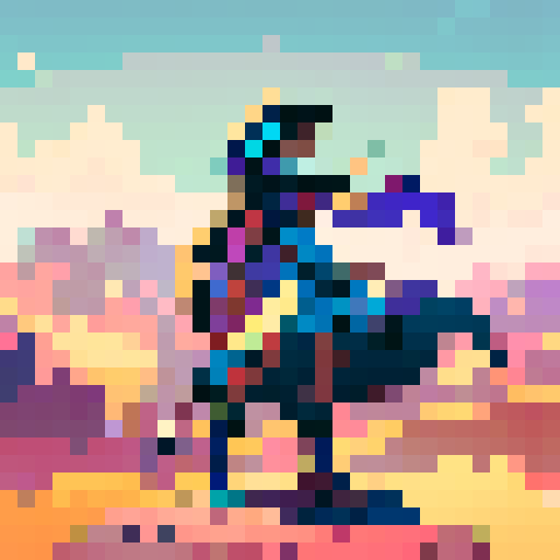 Heroine with a hood, mid run to the right, vibrant colors, blocky pixels, retro video game style, dynamic pose, flowing cape, intense shadows, atmospheric lighting, stylized background, dramatic perspective, detailed textures